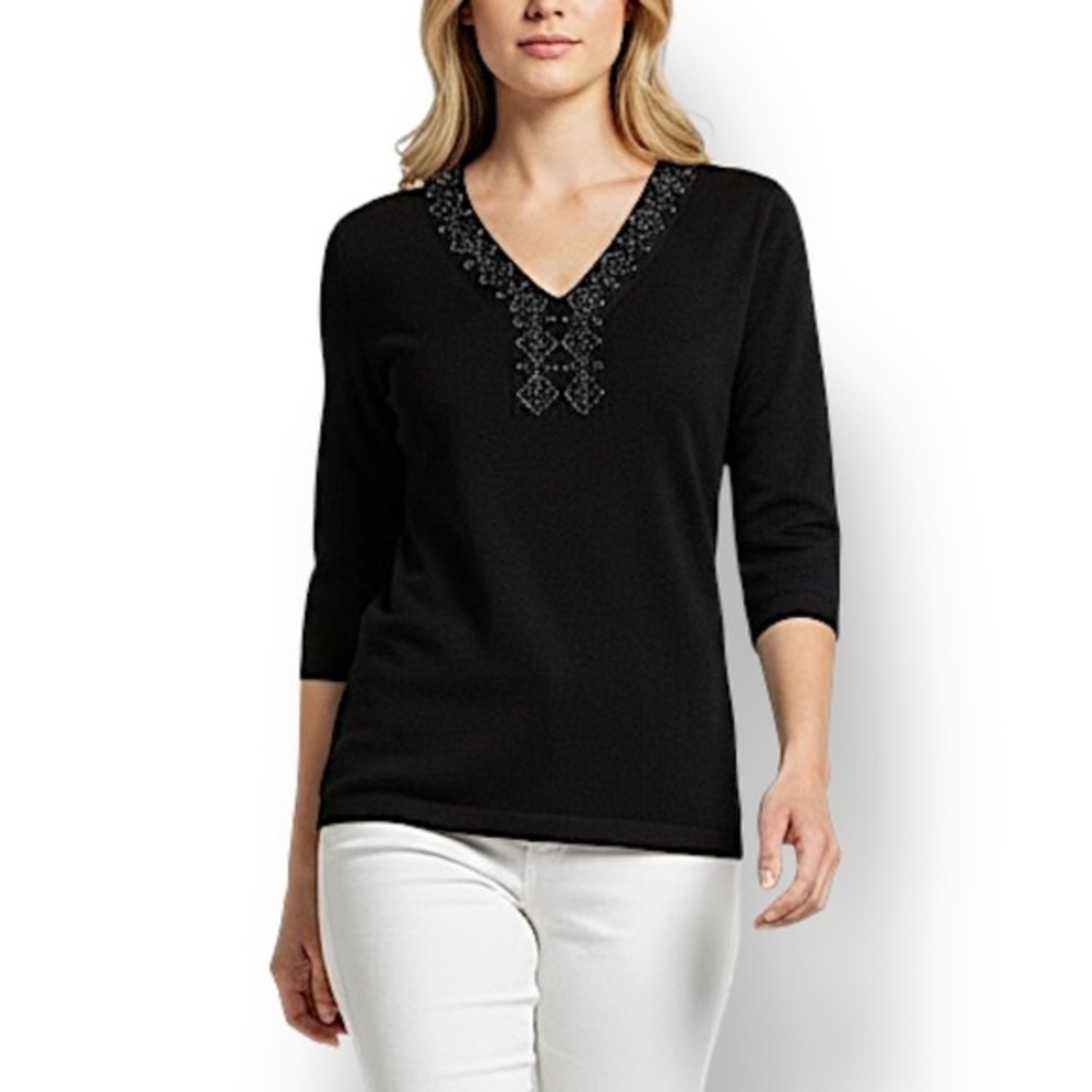 4/$20 Style & Co Petite Black Embellished V-Neck Knit Top PS